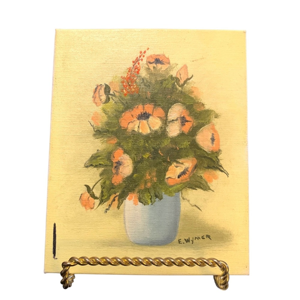 Vintage E Wymer Signed Miniature Floral Oil Painting‎ 4x5 Canvas Board Yellow